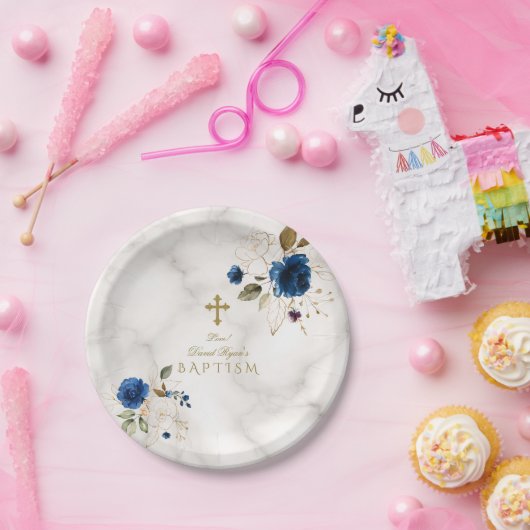 Delaicate blauwe gouden bloemen gouden kruis doop papieren bordje (Feest)