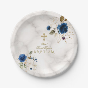Delaicate blauwe gouden bloemen gouden kruis doop papieren bordje
