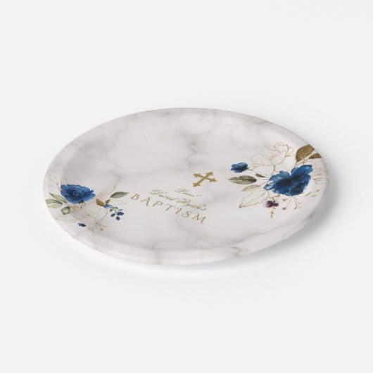 Delaicate blauwe gouden bloemen gouden kruis doop papieren bordje (Gekanteld)