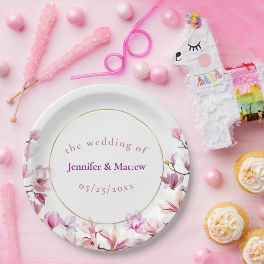 Delaicate Roze Magnolia Houten Bruiloft Papieren B Papieren Bordje (Feest)