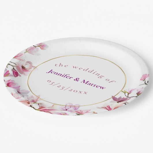 Delaicate Roze Magnolia Houten Bruiloft Papieren B Papieren Bordje (Gekanteld)