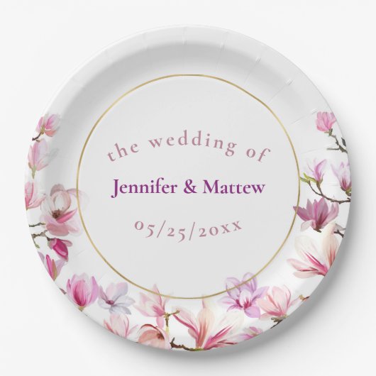 Delaicate Roze Magnolia Houten Bruiloft Papieren B Papieren Bordje (Voorkant)