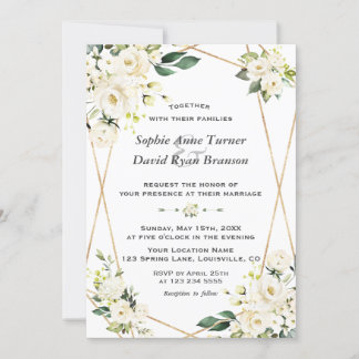 Delaicate witte bloemen gouden monogram bruiloft kaart