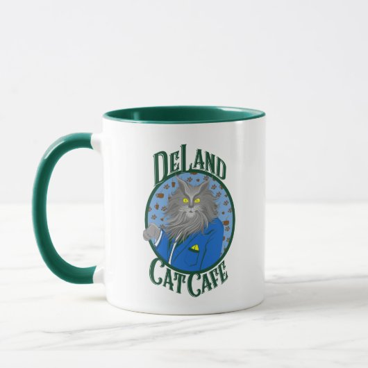 DeLand Cat Cafe's Henry DeCat in blauw pak Logo Mok (Links)