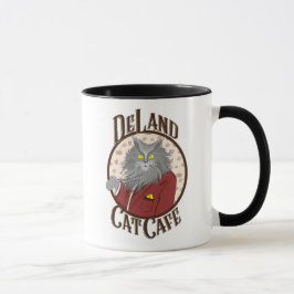DeLand Cat Cafe's Henry DeCat in rood pak Logo Mok