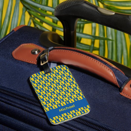 Delaware Check Blue Gold Patroon Personaliseer Bagagelabel (Voorkant Insitu 1)