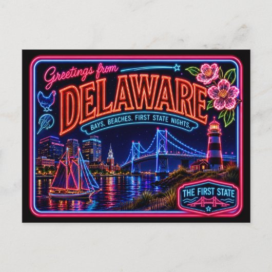 Delaware Neon Staat Retro Vintage Briefkaart (Voorkant)