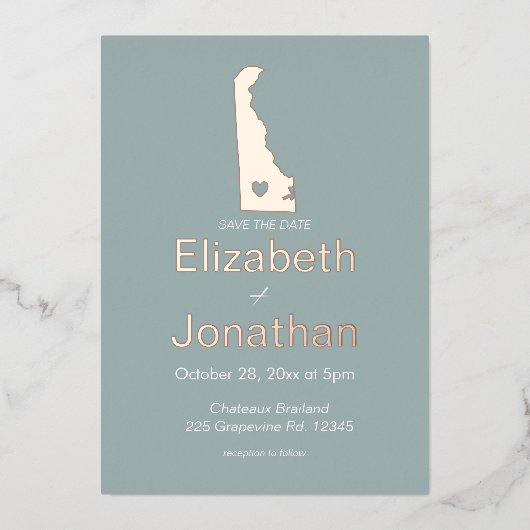 Delaware Staatskaart Save the Date Roze Goud Folie Uitnodiging (Voorkant)