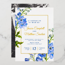 Delfineblauwe bloemen en goudzomerbruiloft folie uitnodiging