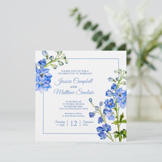 Delfinium bloemen blauwe aquarel kunst bruiloft kaart (Staand voorkant)