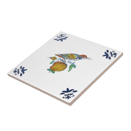Delft Bird on Branch met Fruit Repro c. 1650 Tegel Tegeltje (Zijkant)