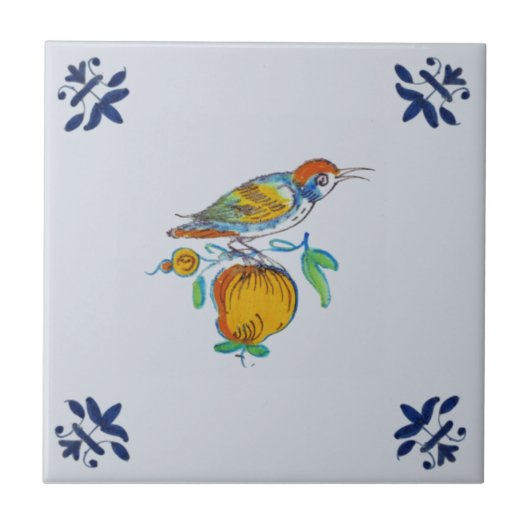 Delft Bird op Branch met Fruit Repro c. 1650 Tegeltje (Voorkant)