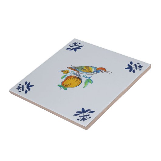 Delft Bird op Branch met Fruit Repro c. 1650 Tegeltje (Zijkant)