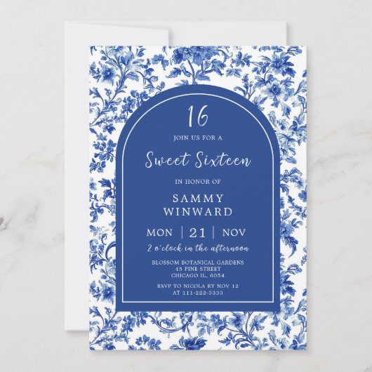 Delft Blauw Antieke Chinoiserie Sweet Sixteen Kaart (Voorkant)