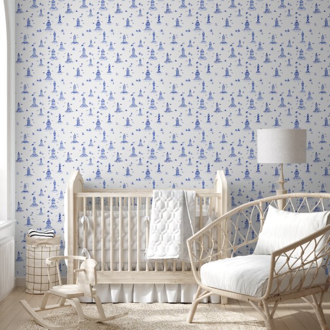 Delft Blauw Aquarel Vuurtoren Kust Toile Behang (Kinderen)
