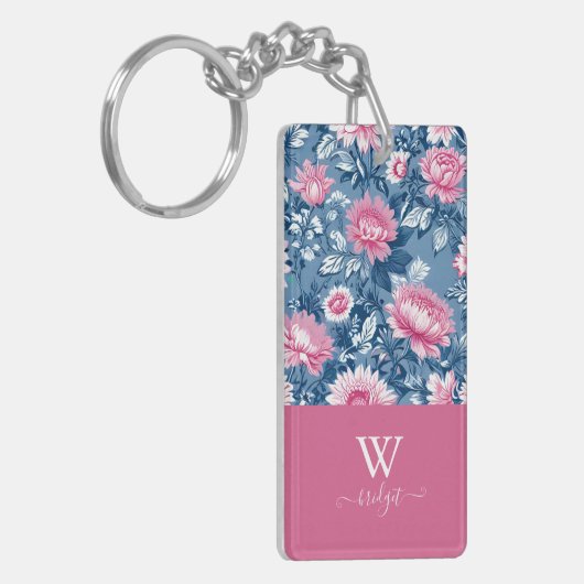 delft blauw & roze elegant Modern Floral Sleutelhanger (Voorkant Links)