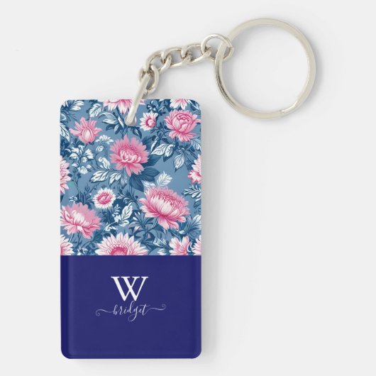 delft blauw & roze elegant Modern Floral Sleutelhanger (achterkant)
