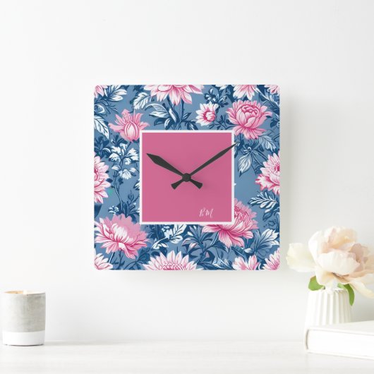 delft blauw & roze  Mooie Tuinbloemen Vierkante Klok (Huis)