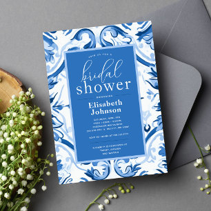 Delft Blauw Witte Bloemige Moderne Bruiloftsbruilo Kaart