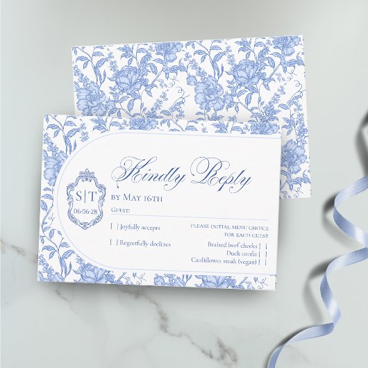 Delft Blauwe Bloem Motief Script Crest RSVP Kaartje