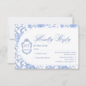Delft Blauwe Bloem Motief Script Crest RSVP Kaartje (Voorkant)