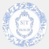 Delft Blauwe Bloemige Trouw Crest Monogram Ronde Sticker (Voorkant)