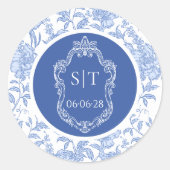 Delft Blauwe Bloemige Trouw Crest Monogram Ronde Sticker (Voorkant)
