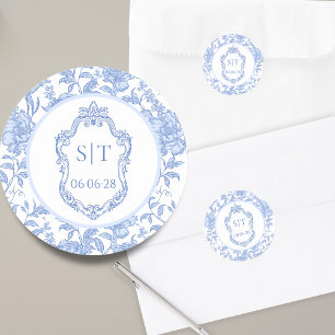 Delft Blauwe Bloemige Trouw Crest Monogram Ronde Sticker