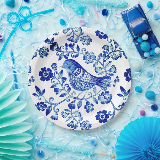 Delft Blue Bird 🐦 floral French Country Scale Papieren Bordje (Feest)