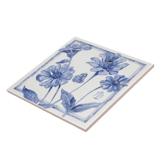Delft Blue Butterfly Flower Wall Decor Art Deco Tegeltje (Zijkant)