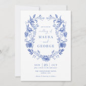 Delft Blue Chinoiserie Floral Porcelain Wedding Kaart (Voorkant)