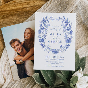 Delft Blue Chinoiserie Floral Porcelain Wedding Kaart