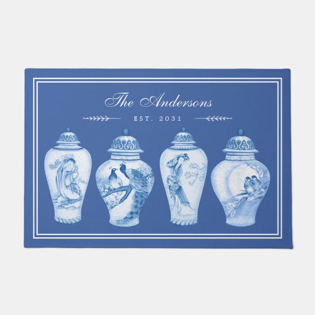 Delft Blue Chinoiserie Ginger Jars Family Monogram Deurmat (Voorkant)