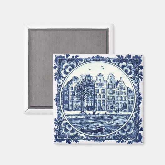 Delft Blue City Buildings and Waterfront Painting Magneet (Voorkant / Achterkant)