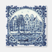 Delft Blue City Buildings and Waterfront Painting Magneet (Voorkant)