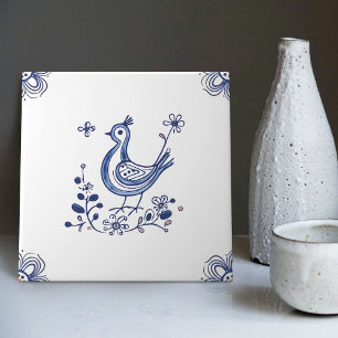 Delft Blue Dutch Style Bird Flowers Indigo Ceramic Tegeltje