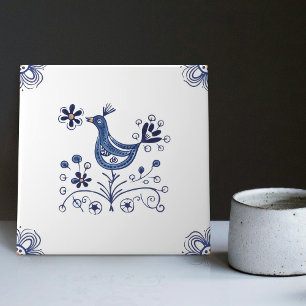 Delft Blue Dutch Style Bird Flowers Indigo Ceramic Tegeltje