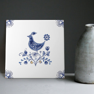 Delft Blue Dutch Style Bird Flowers Indigo Ceramic Tegeltje