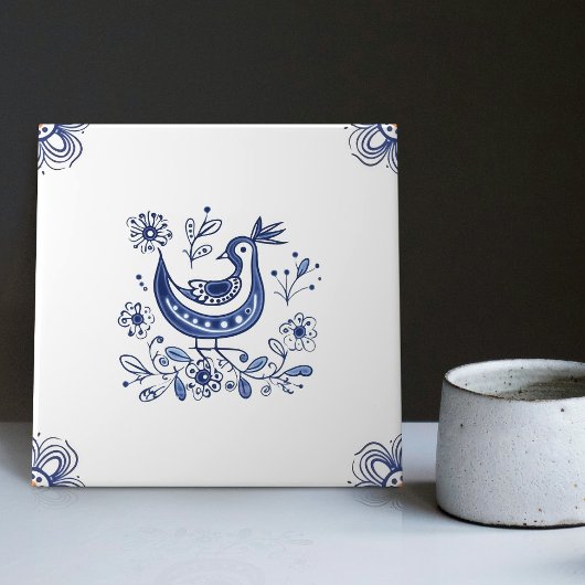Delft Blue Dutch Style Bird Flowers Indigo Ceramic Tegeltje