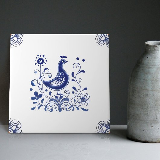 Delft Blue Dutch Style Bird Flowers Indigo Ceramic Tegeltje