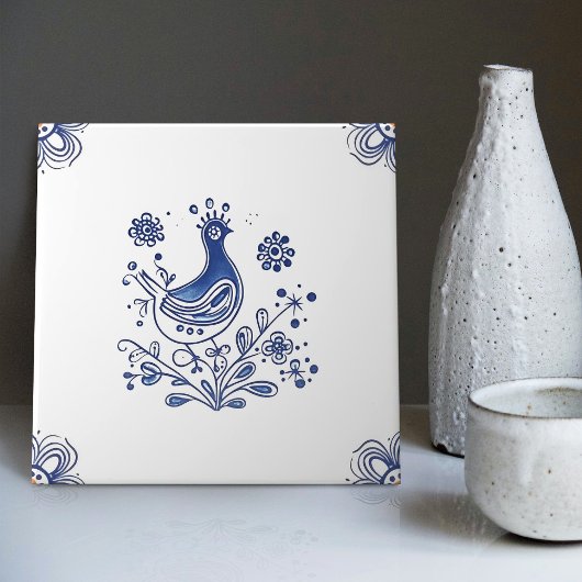 Delft Blue Dutch Style Bird Flowers Indigo Ceramic Tegeltje