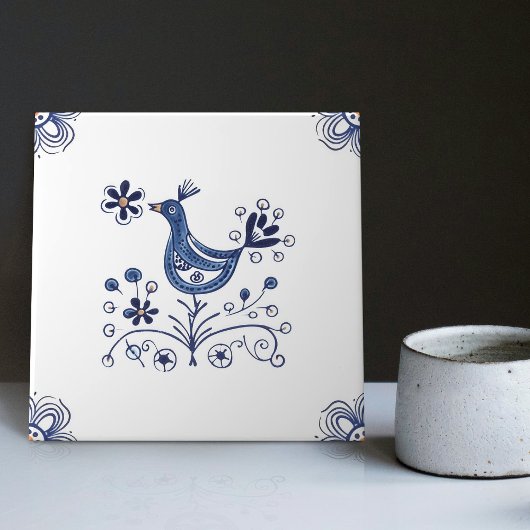 Delft Blue Dutch Style Bird Flowers Indigo Ceramic Tegeltje