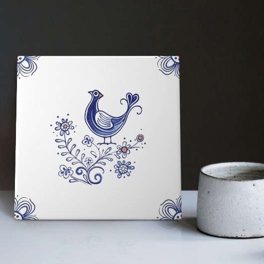 Delft Blue Dutch Style Bird Flowers Indigo Ceramic Tegeltje
