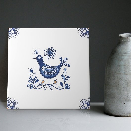 Delft Blue Dutch Style Bird Flowers Indigo Ceramic Tegeltje