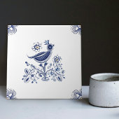 Delft Blue Dutch Style Bird Flowers Indigo Ceramic Tegeltje