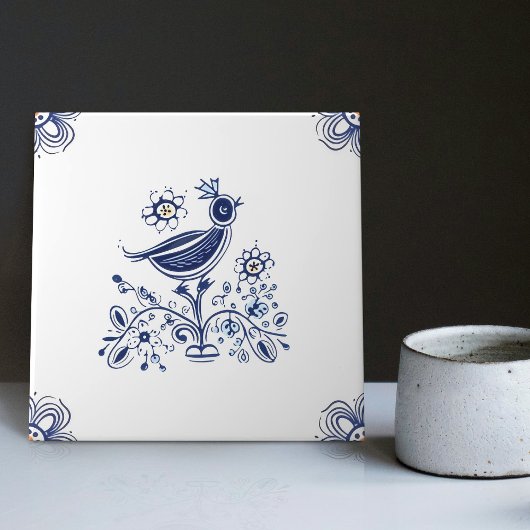 Delft Blue Dutch Style Bird Flowers Indigo Ceramic Tegeltje