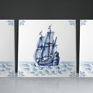 Delft Blue Dutch Style Frigate Schooner Sail Boat Tegeltje