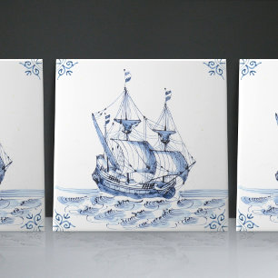 Delft Blue Dutch Style Frigate Schooner Sail Boat Tegeltje