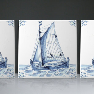 Delft Blue Dutch Style Frigate Schooner Sail Boat Tegeltje