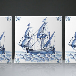 Delft Blue Dutch Style Frigate Schooner Sail Boat Tegeltje